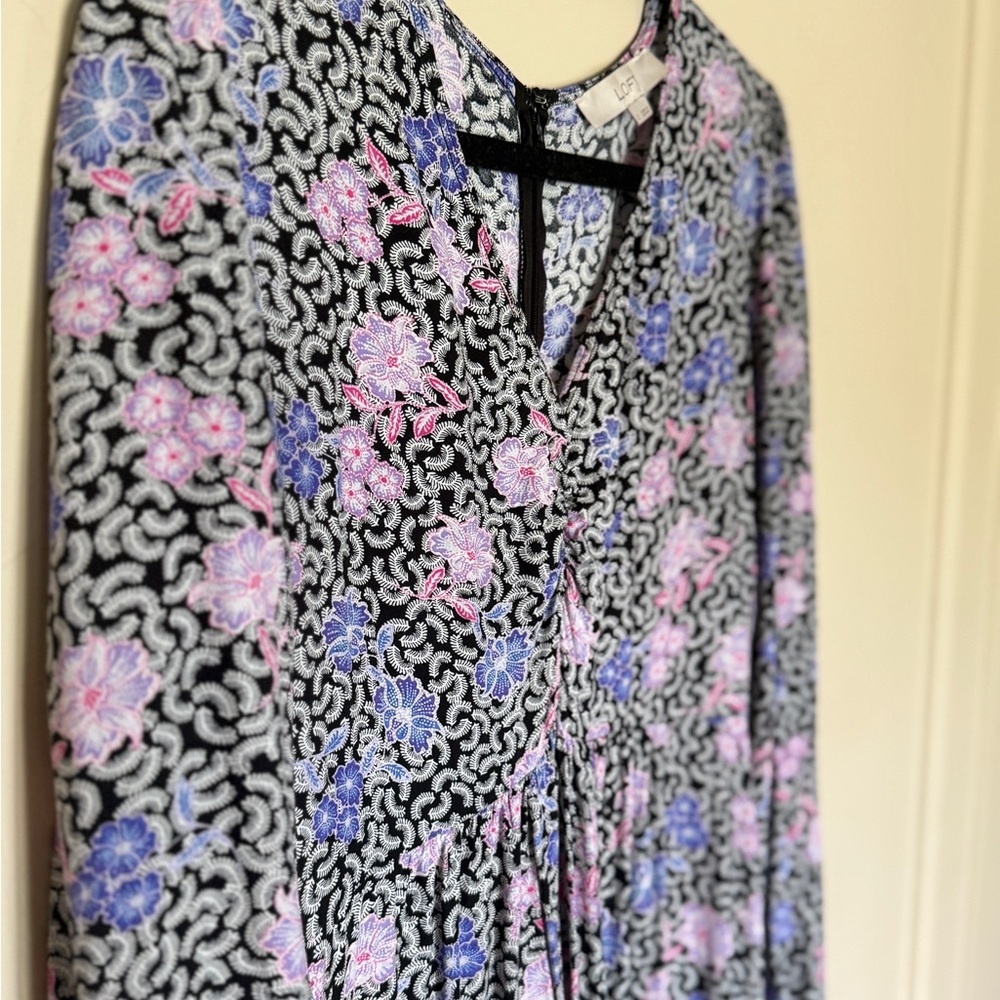 LOFT Black Dress with Pink and Blue Floral Design